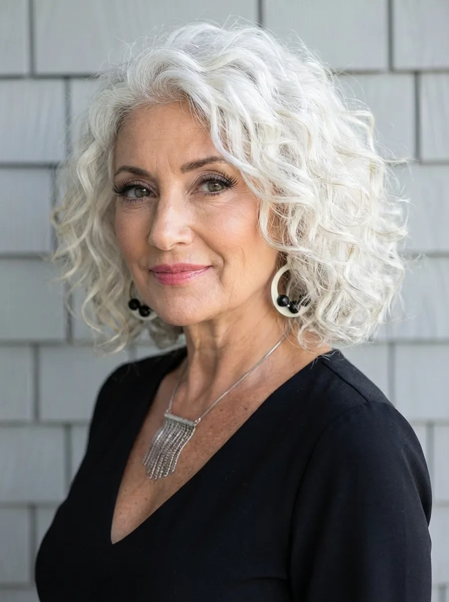 Curly Layered Silver Frost Bob with Natural Bounce